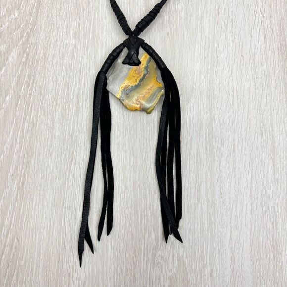 Bumblebee Jasper And Leather Necklace Rough Cut Pendant 14” Chain Drop Large - Picture 2 of 12